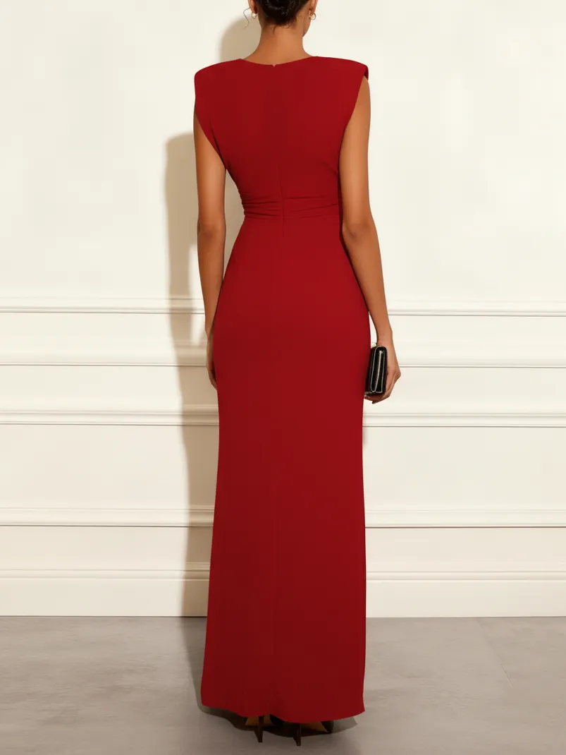 Red Ruffled Knit V Neck Sleeveless Sheath Maxi Dress
