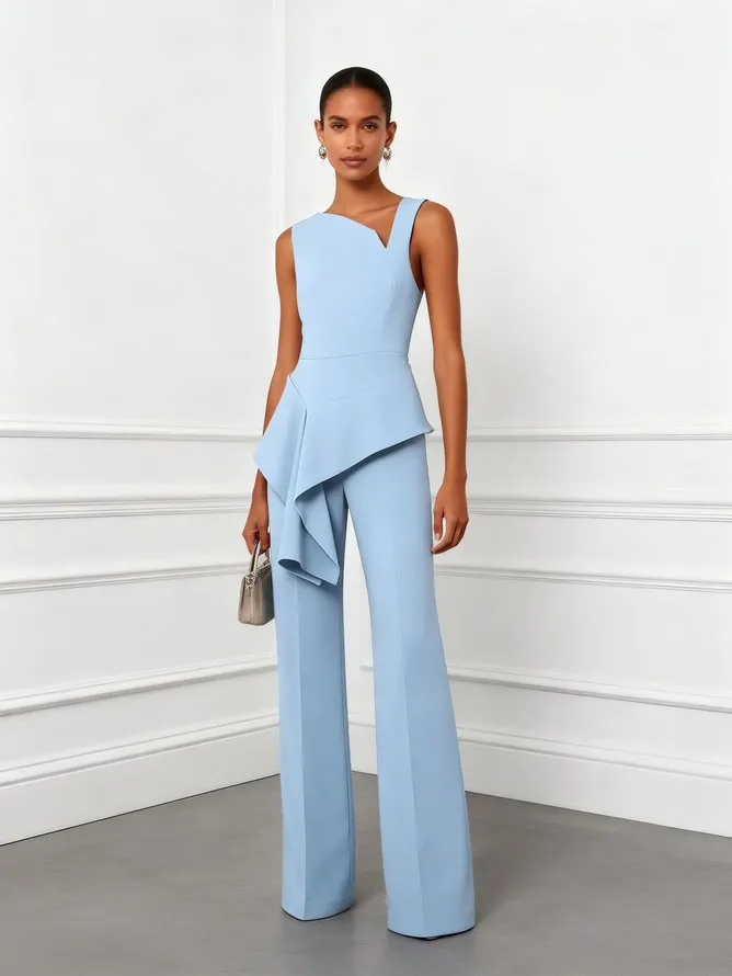 Women Light Blue Ruffled Asymmetrical Sleeveless Dressy Jumpsuit