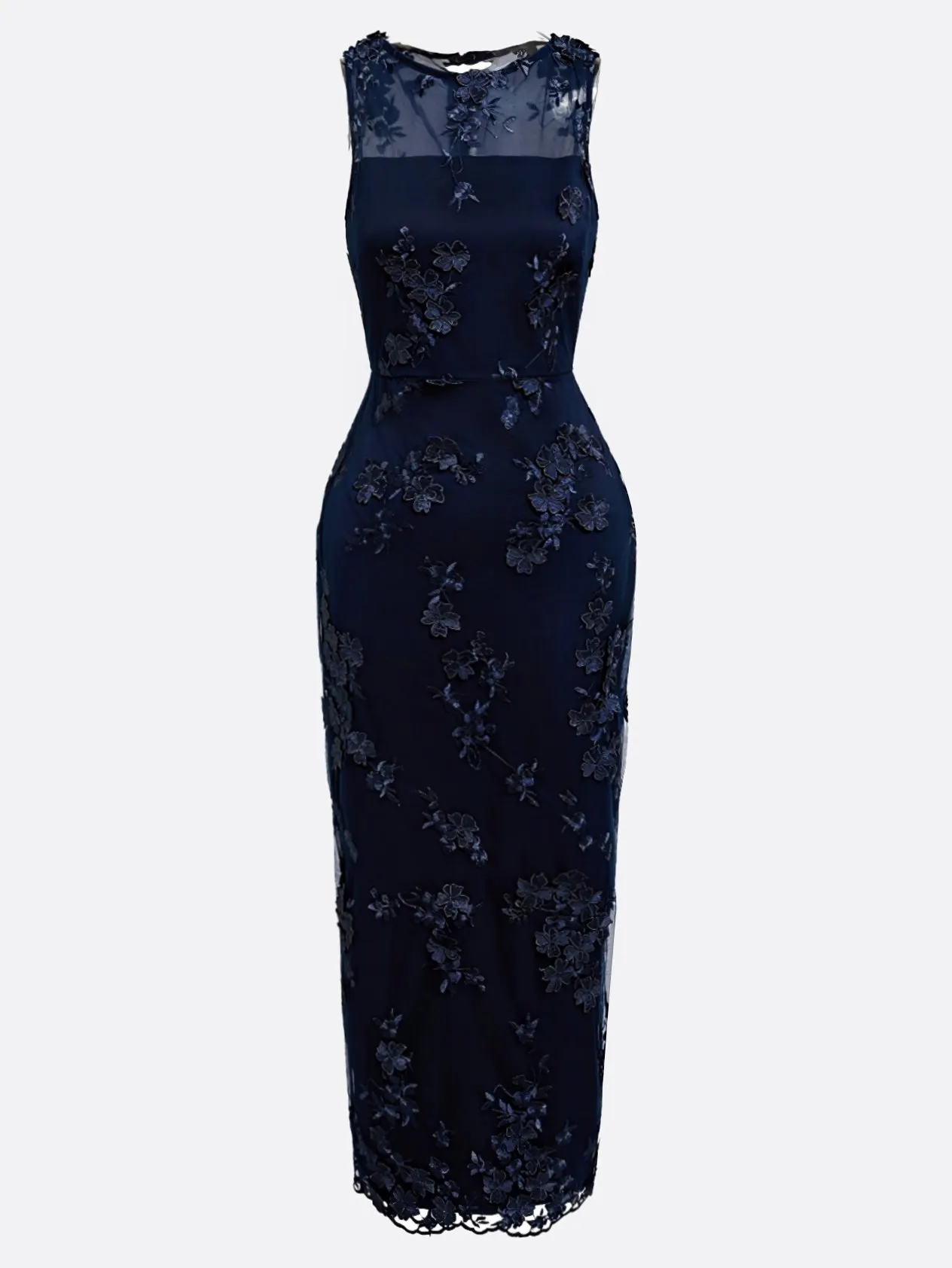 Purplish Blue Lace Applique Crew Neck Sleeveless Sheath Maxi Dress