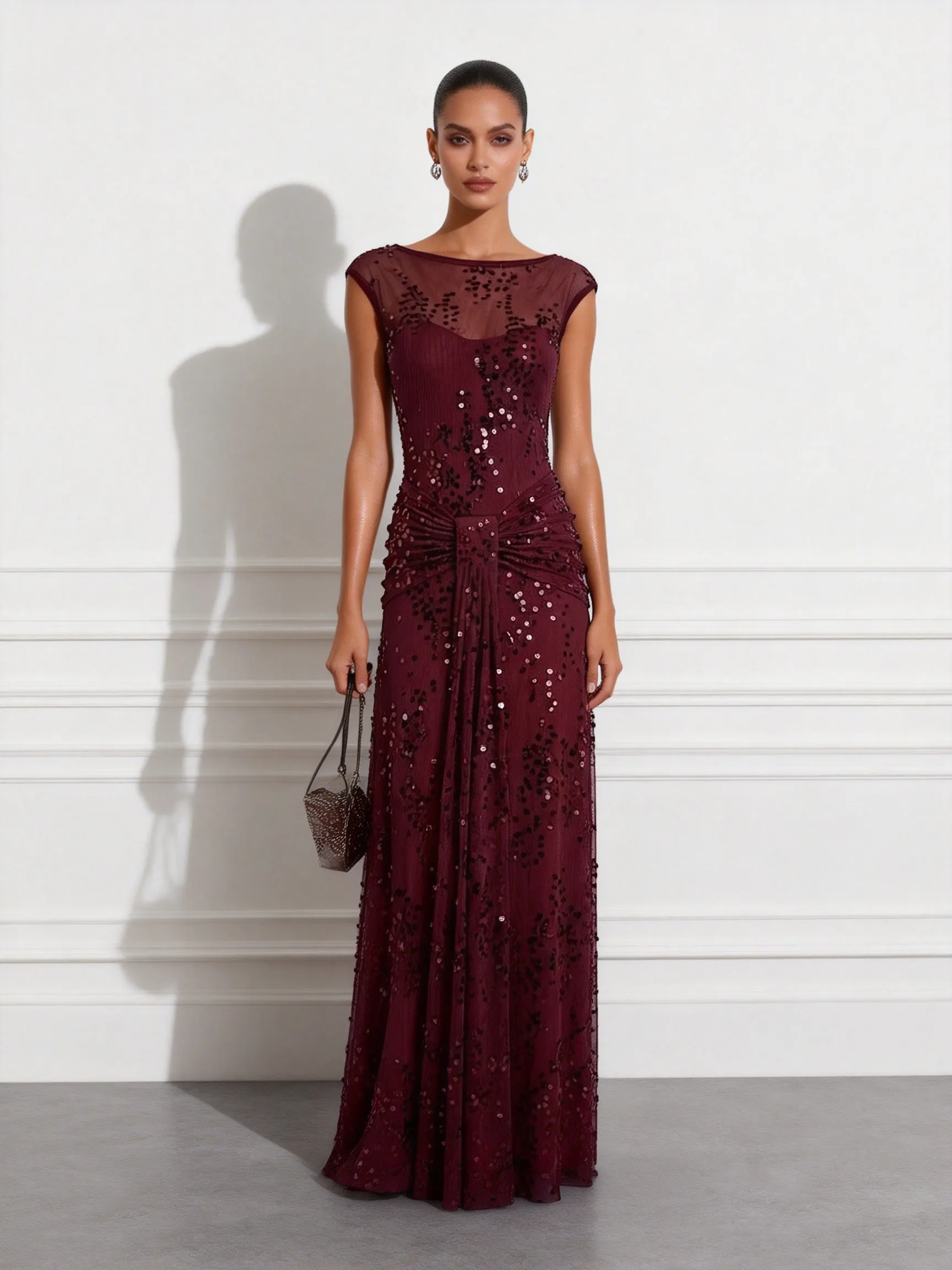 Burgundy Glitter Sequin Square Neck Cap Sleeve Sheath Gown Dress