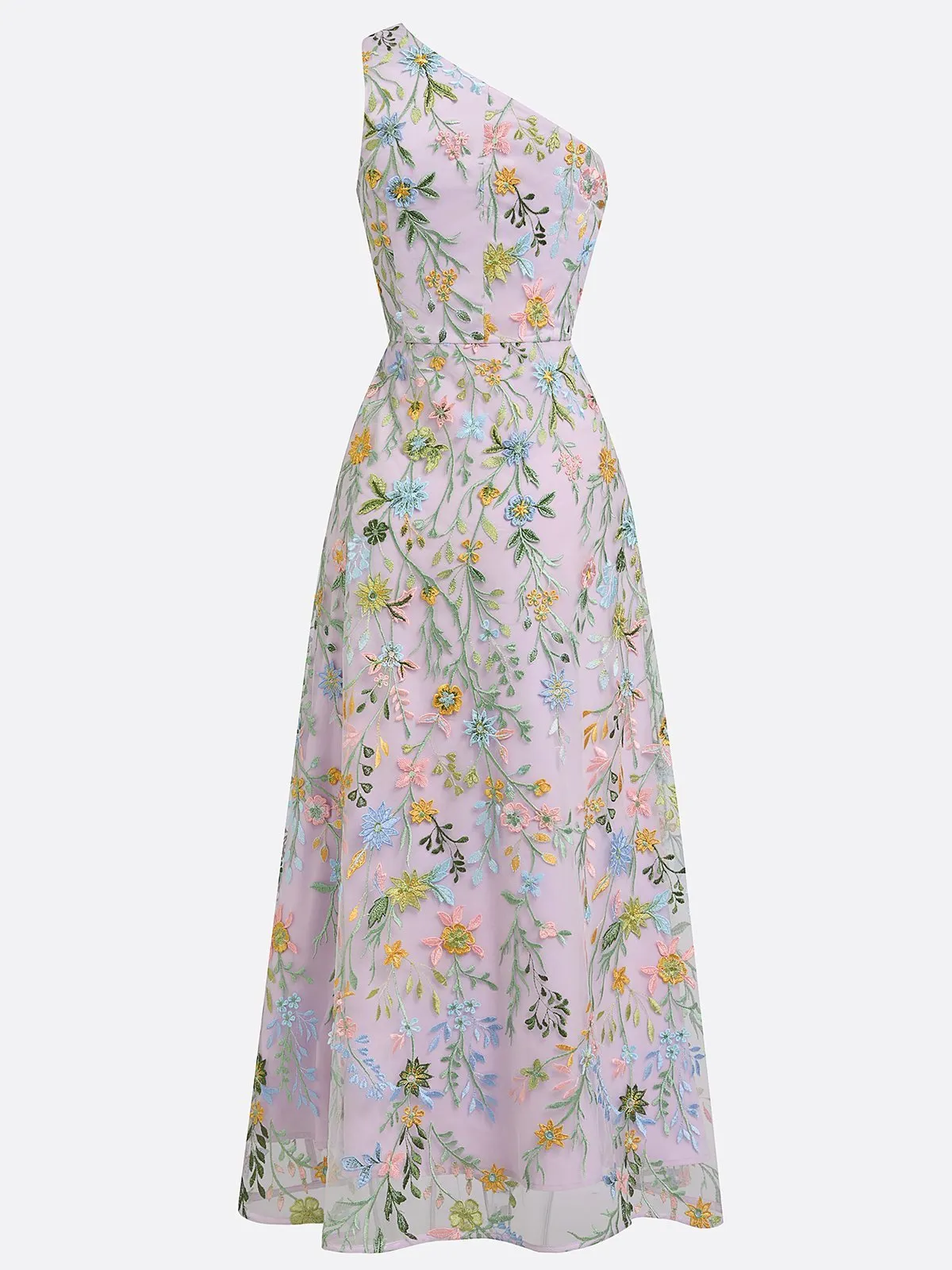 Light Purple Floral Embroidered Classic One Shoulder Sleeveless A-Line Floor-length Gown Dress