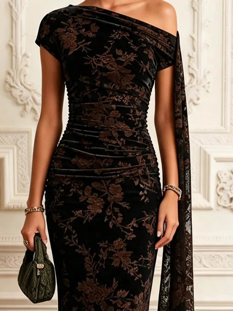 Black Flocked Tulle One Shoulder Short Sleeve Mermaid Floor-length Gown Dress