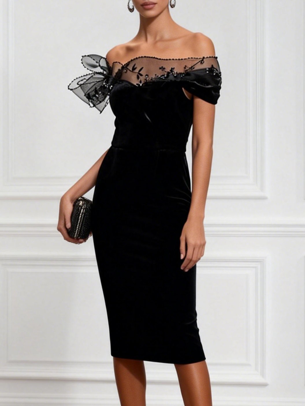 Black 3D Floral Beaded Classic Off The Shoulder Short Sleeve Sheath Midi Dress - Black