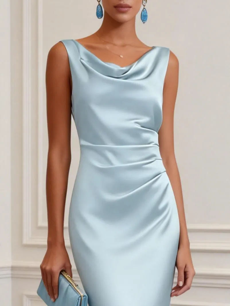 Light Blue Ruched Satin Cowl Neck Sleeveless Mermaid Gown Dress
