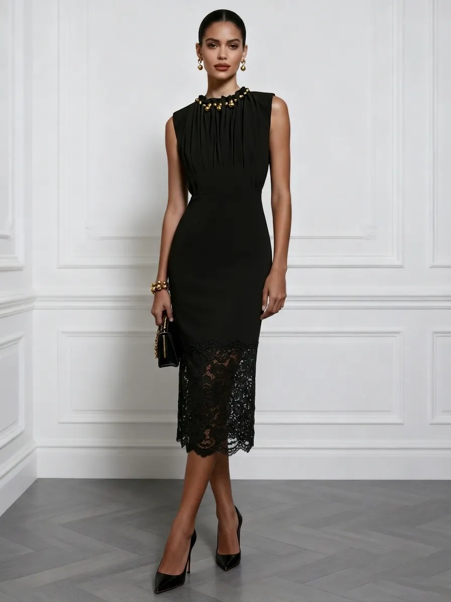 Black Faux Pearl Lace Classic Crew Neck Sleeveless Sheath Midi Dress