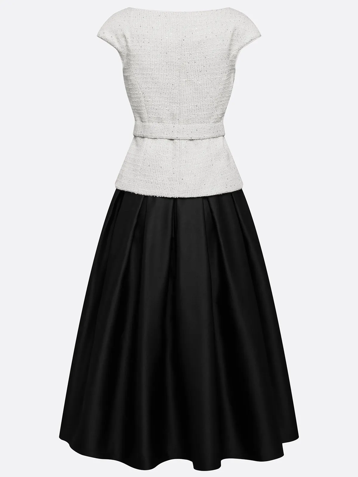 Women Black-white Glitter Tweed Crew Neck Long Sleeve Elegant Coat With Skirt Two-Piece Set