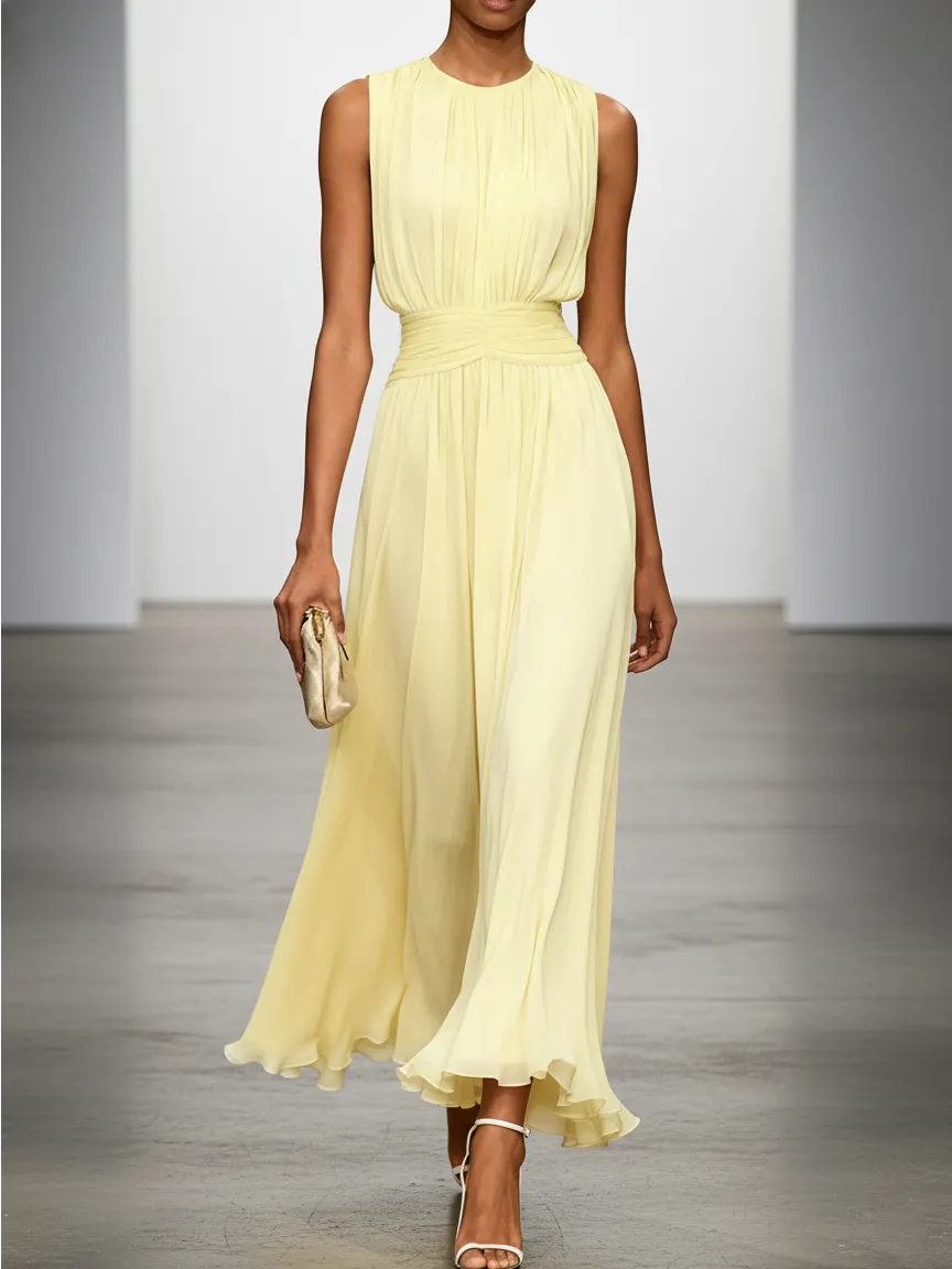 Yellow Ruched Chiffon Crew Neck Sleeveless A-Line Maxi Dress - Yellow