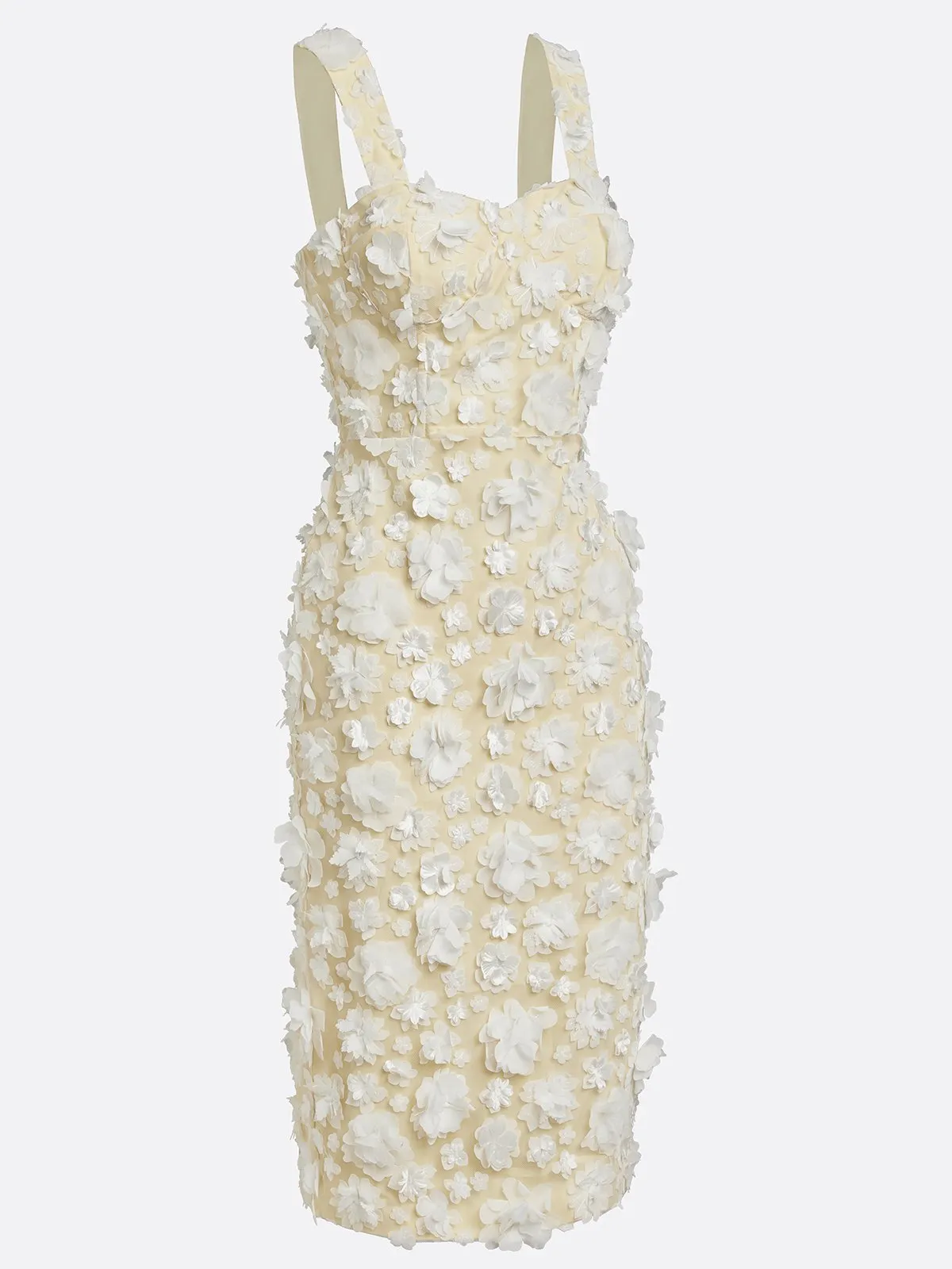 White 3D Floral Appliqué Classic Square Neck Sleeveless Sheath Midi Dress
