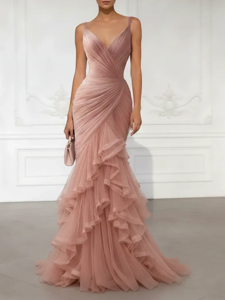 Pink Folds Tulle Spaghetti Sleeveless Mermaid Gown Dress - Pink