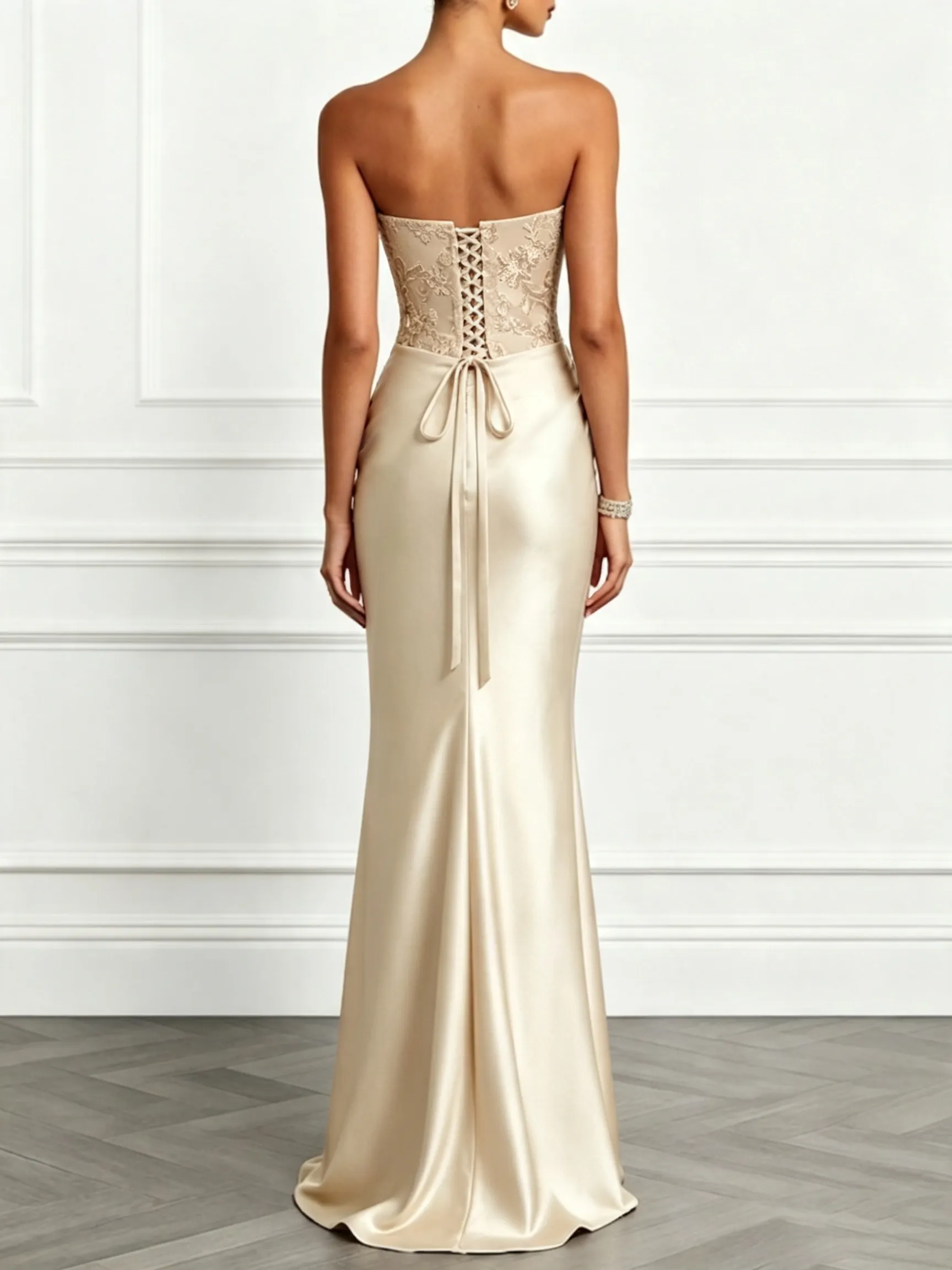 Champagne Lace Jacquard Satin Strapless Sleeveless Mermaid Gown Dress