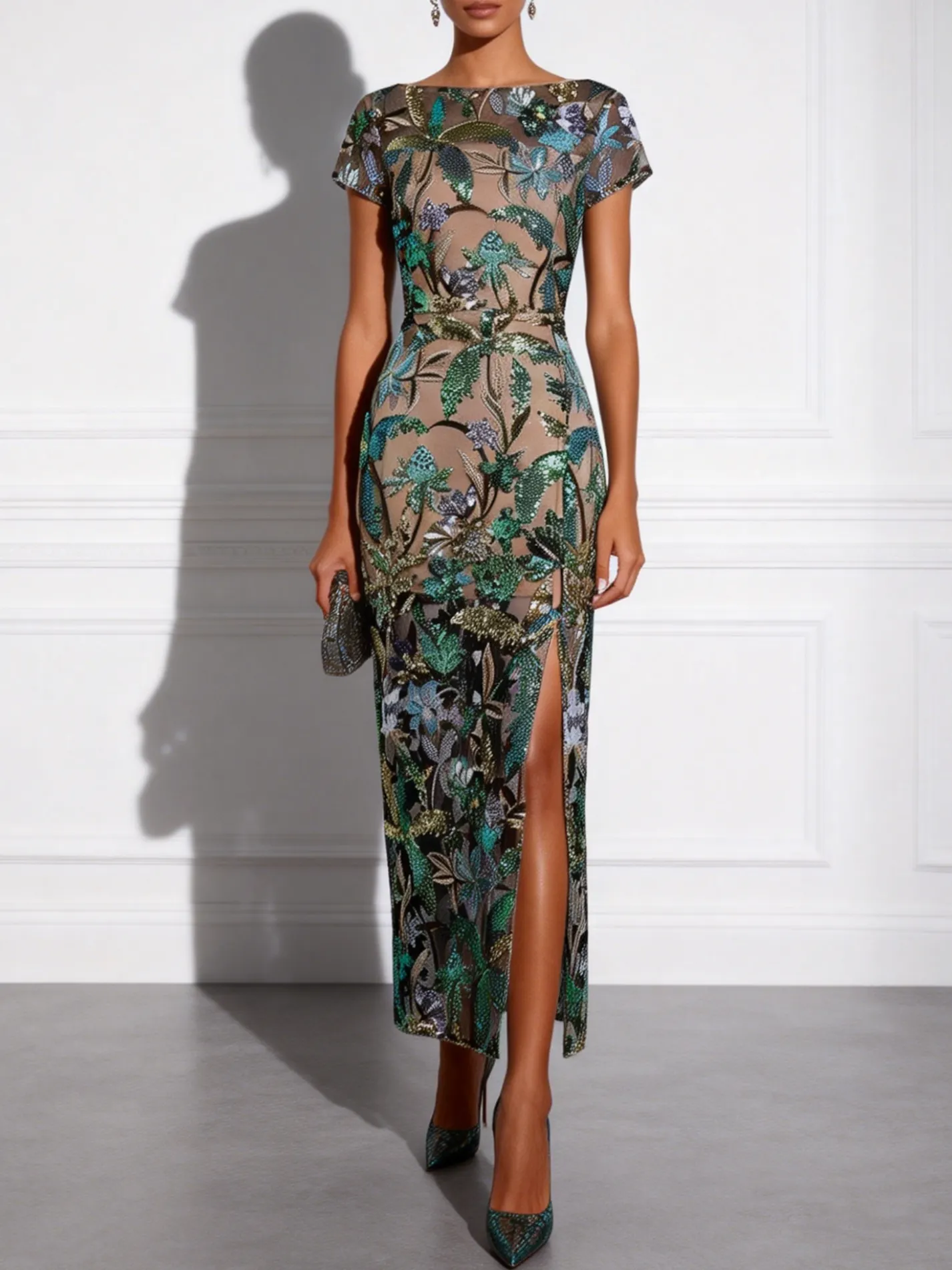 Green Glitter Slit Sequin Boat Neck Short Sleeve Sheath Midi Dress