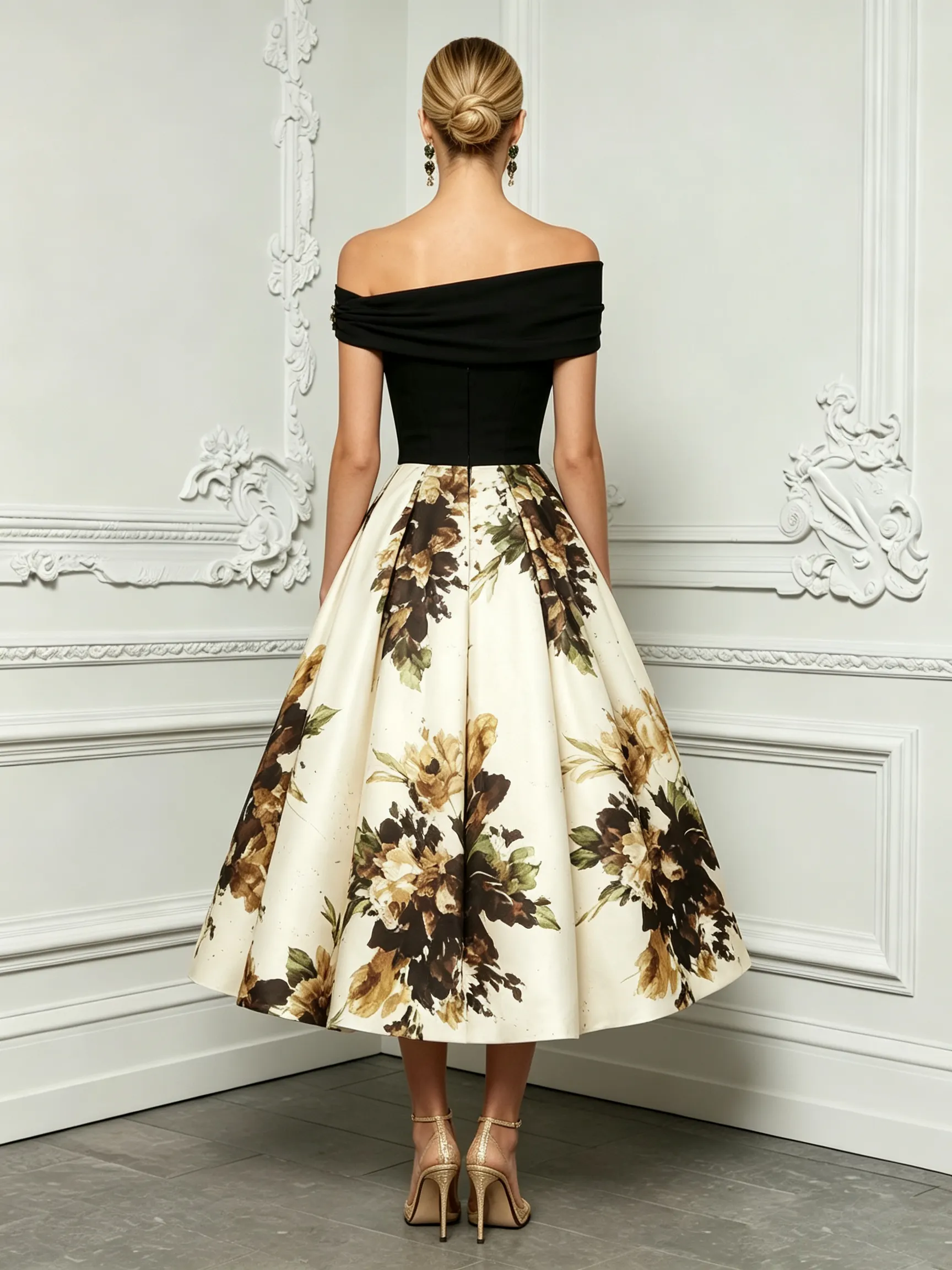 Black Metal Floral Knit Off The Shoulder Short Sleeve A-Line Midi Dress