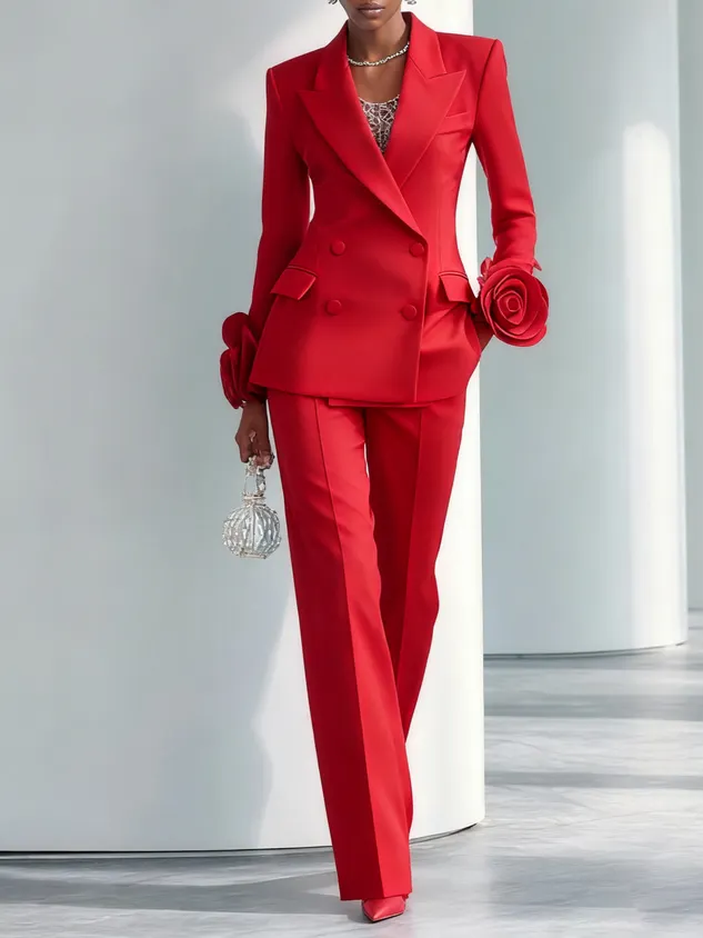 Women Red 3D Floral Lapel Collar Long Sleeve Dressy Blazer With Pants Two-Piece Set