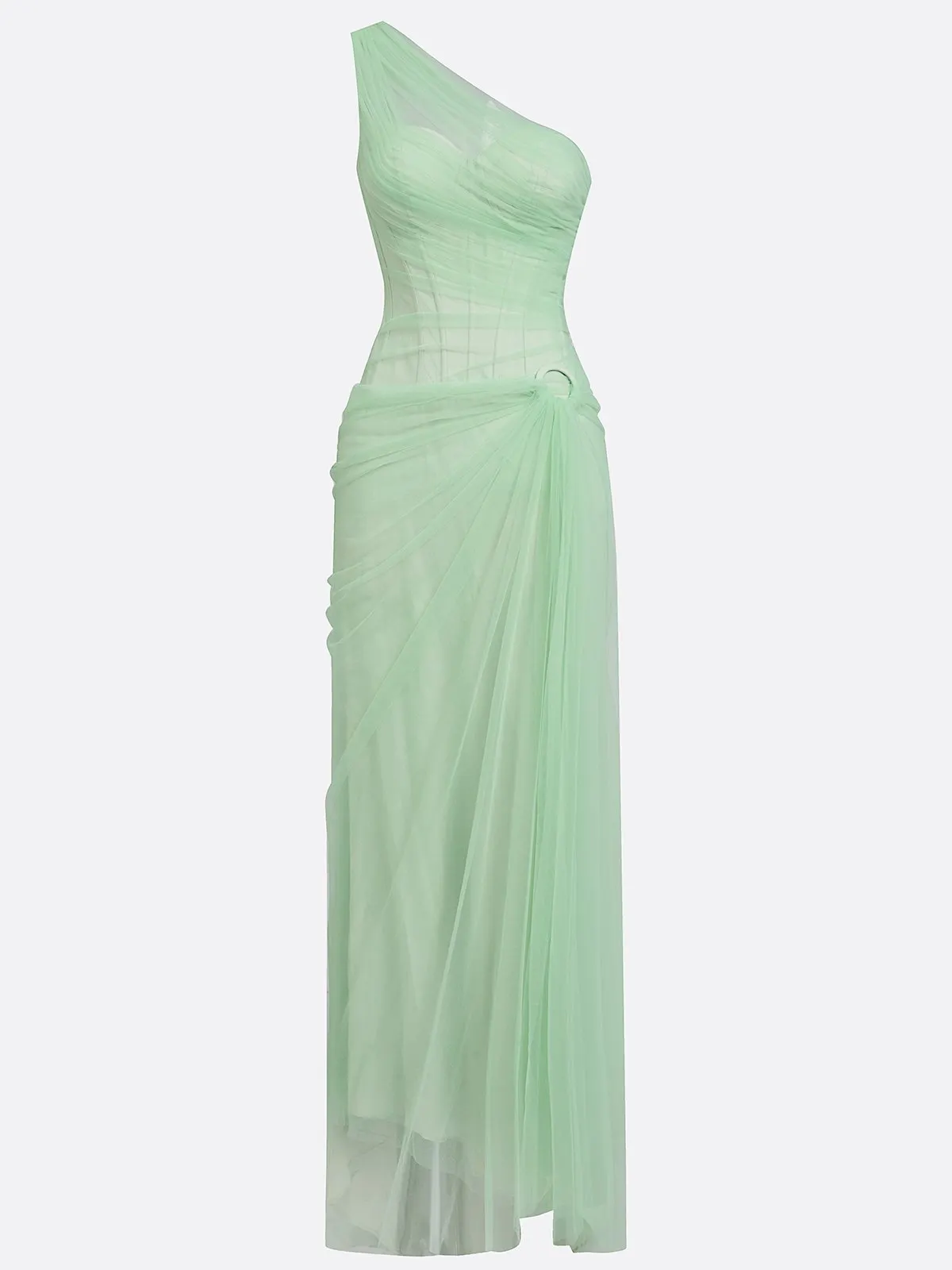 Green Chiffon One Shoulder Sleeveless Corset Sheath Floor-length Gown Dress