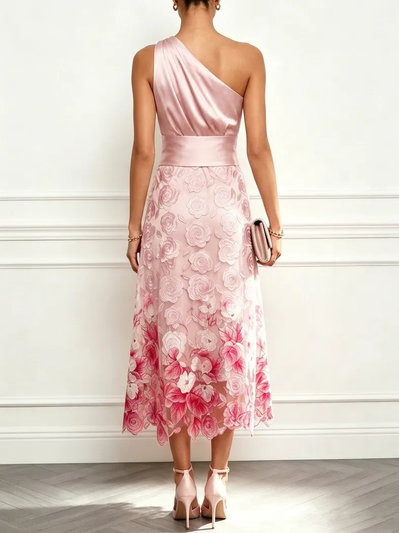 Pink Jacquard Lace One Shoulder Sleeveless A-Line Midi Dress - Pink