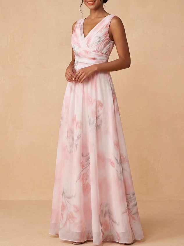 Blush Pink Floral Chiffon V Neck A-Line Maxi Bridesmaid Dress