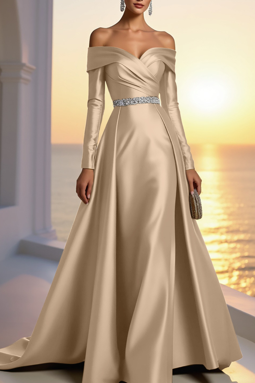Formal Champagne Satin Dress Off The Shoulder Long Sleeve Maxi Gown - Champagne