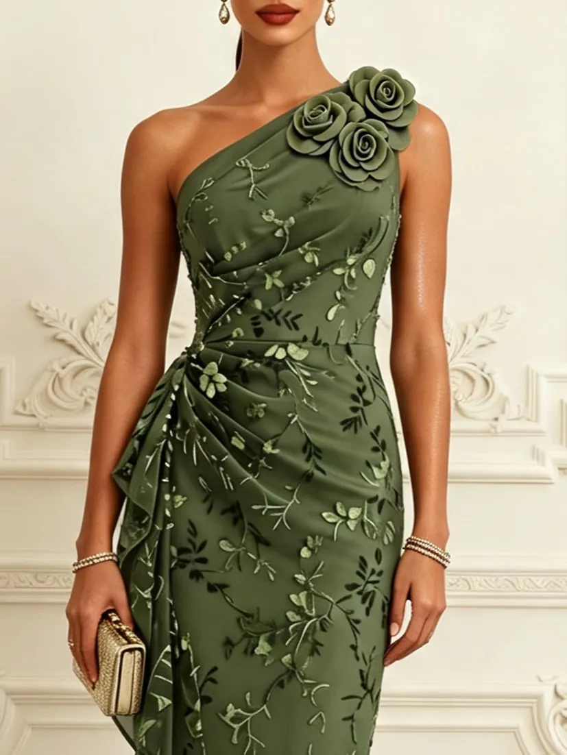 Army Green 3D Floral Ruffled Classic One Shoulder Sleeveless Mermaid Maxi Dress