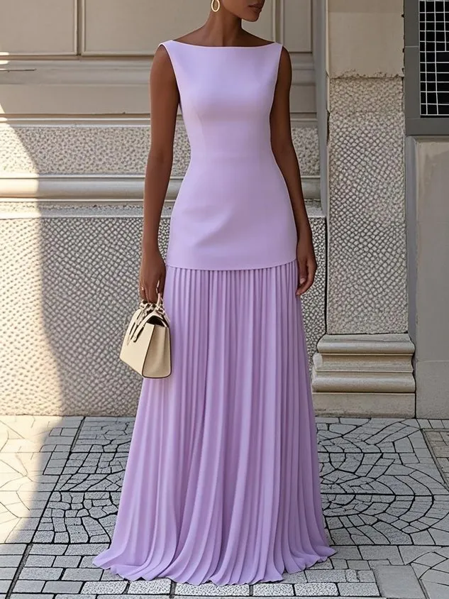 Light Yellow Pleated Classic Boat Neck Sleeveless A-Line Floor-length Gown Dress