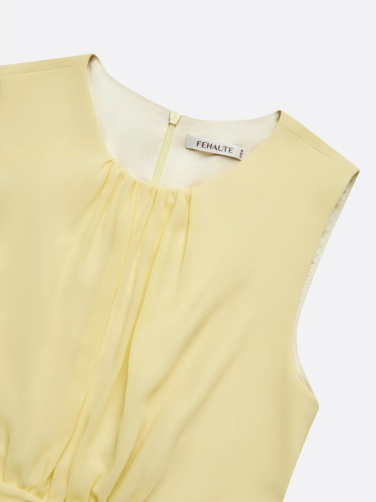 Women Yellow Chiffon Ruched Crew Neck Sleeveless Dressy Jumpsuit
