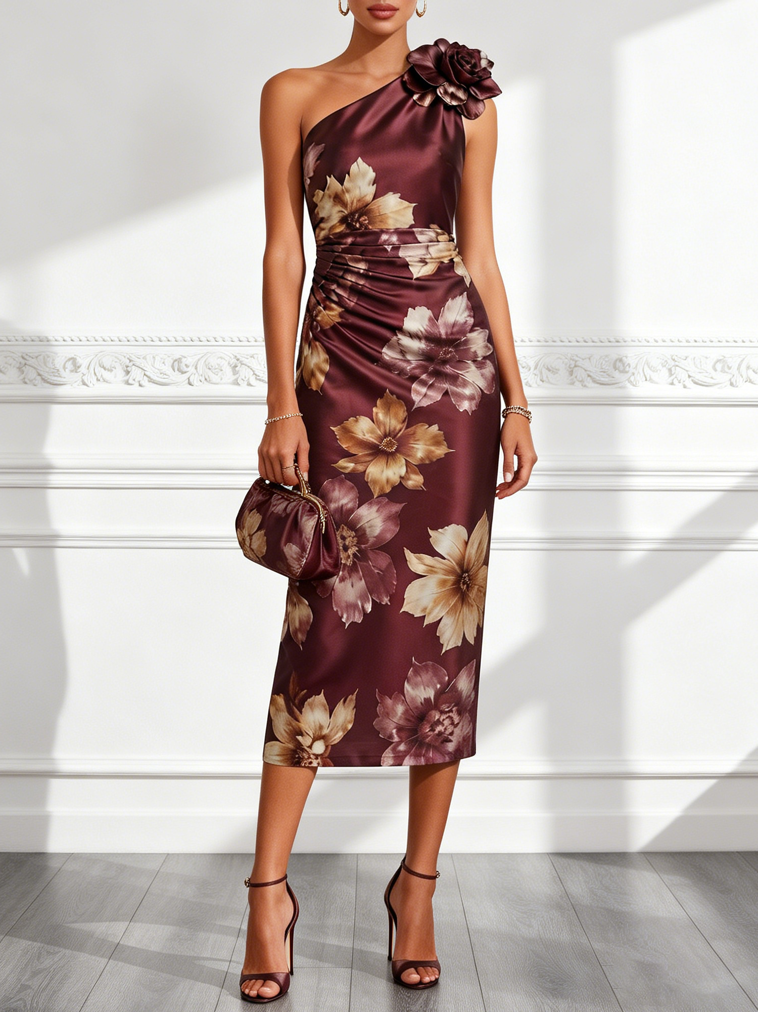 Burgundy 3D Floral Satin One Shoulder Sleeveless Sheath Midi Dress - Burgundy