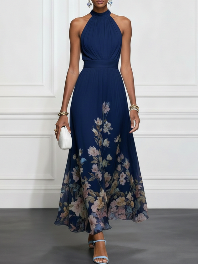Navy Blue Floral Chiffon Halter Neck Sleeveless A-Line Maxi Dress