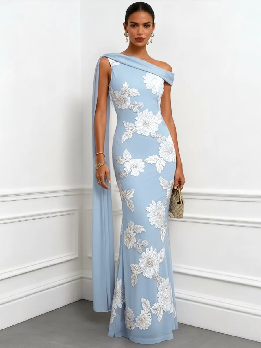 Light Blue Jacquard Classic One Shoulder Sleeveless Mermaid Floor-length Gown Dress