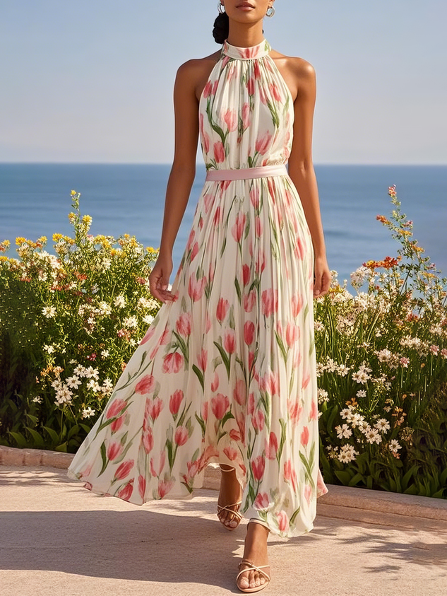 Light Blue Floral Chiffon Halter Sleeveless A-Line Maxi Dress