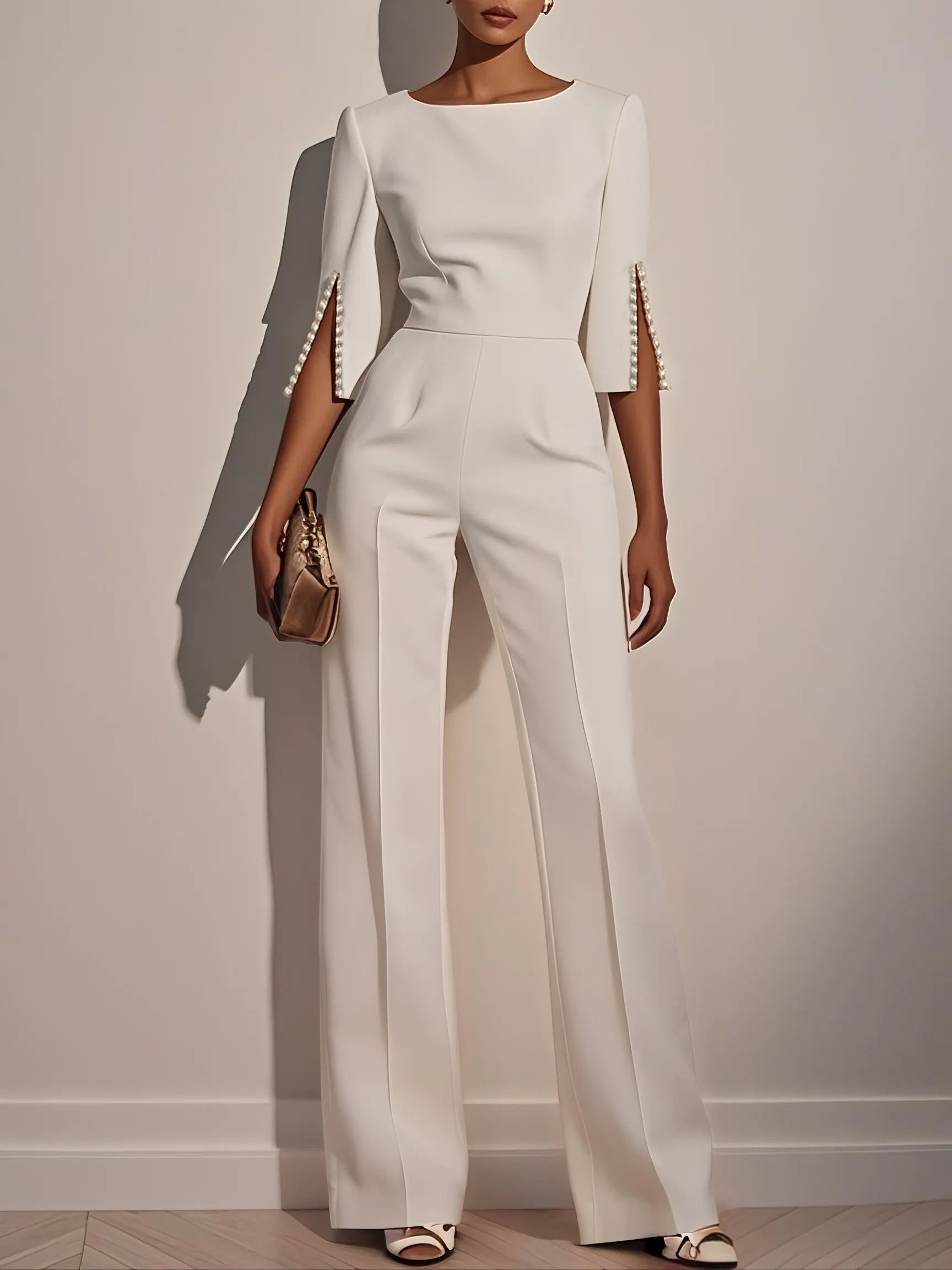 Women White Faux Pearl Slit Boat Neck Half Sleeve Dressy Jumpsuit - White