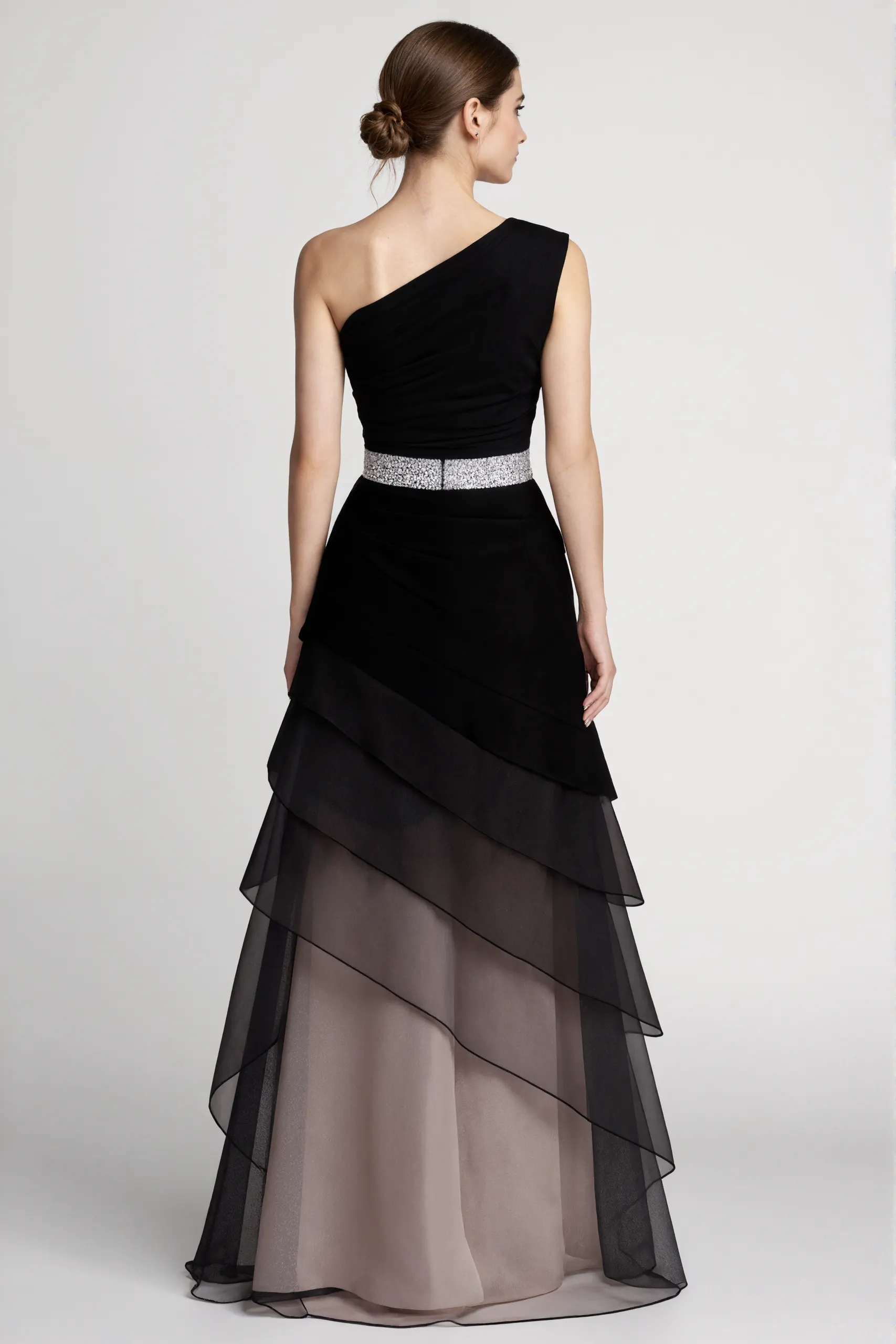 Formal Evening Dress Black One-Shoulder Multi-Layered Silver Belt Maxi Gown
