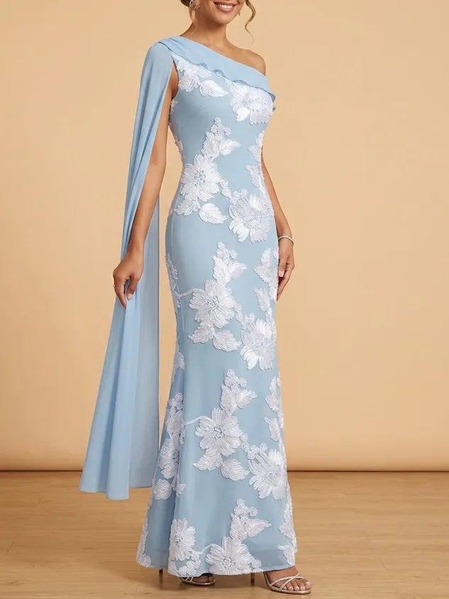 Light Blue One-Shoulder Cape Maxi Dress - Jacquard Mother of the Bride Gown