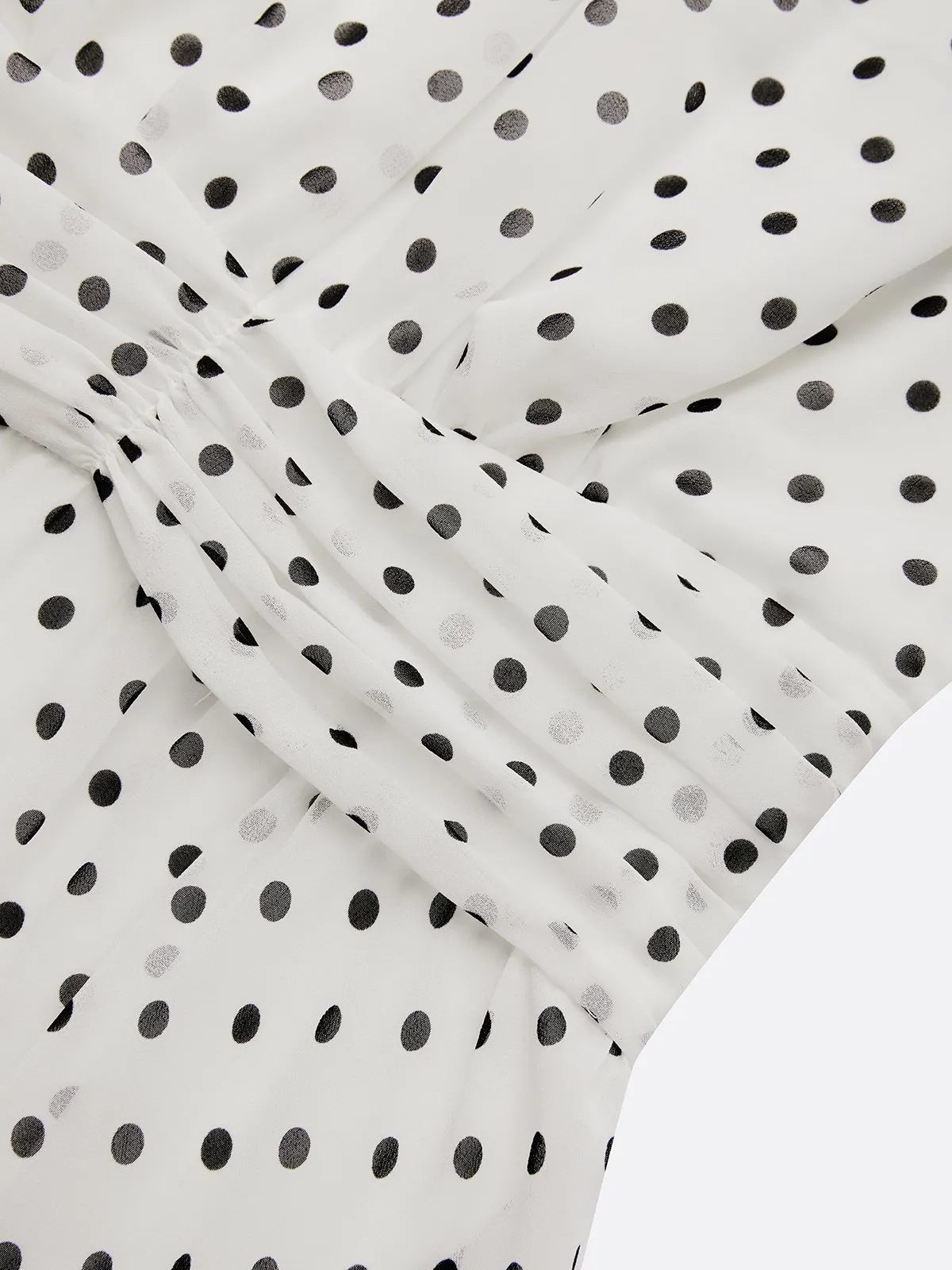 White Polka Dots Ruched Chiffon Crew Neck Sleeveless A-Line Maxi Dress