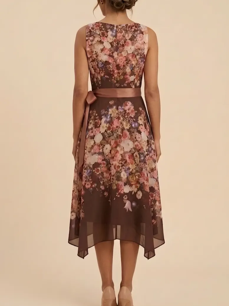 A-Line Floral Midi Chiffon Mother of the Bride Dress - Red Brown