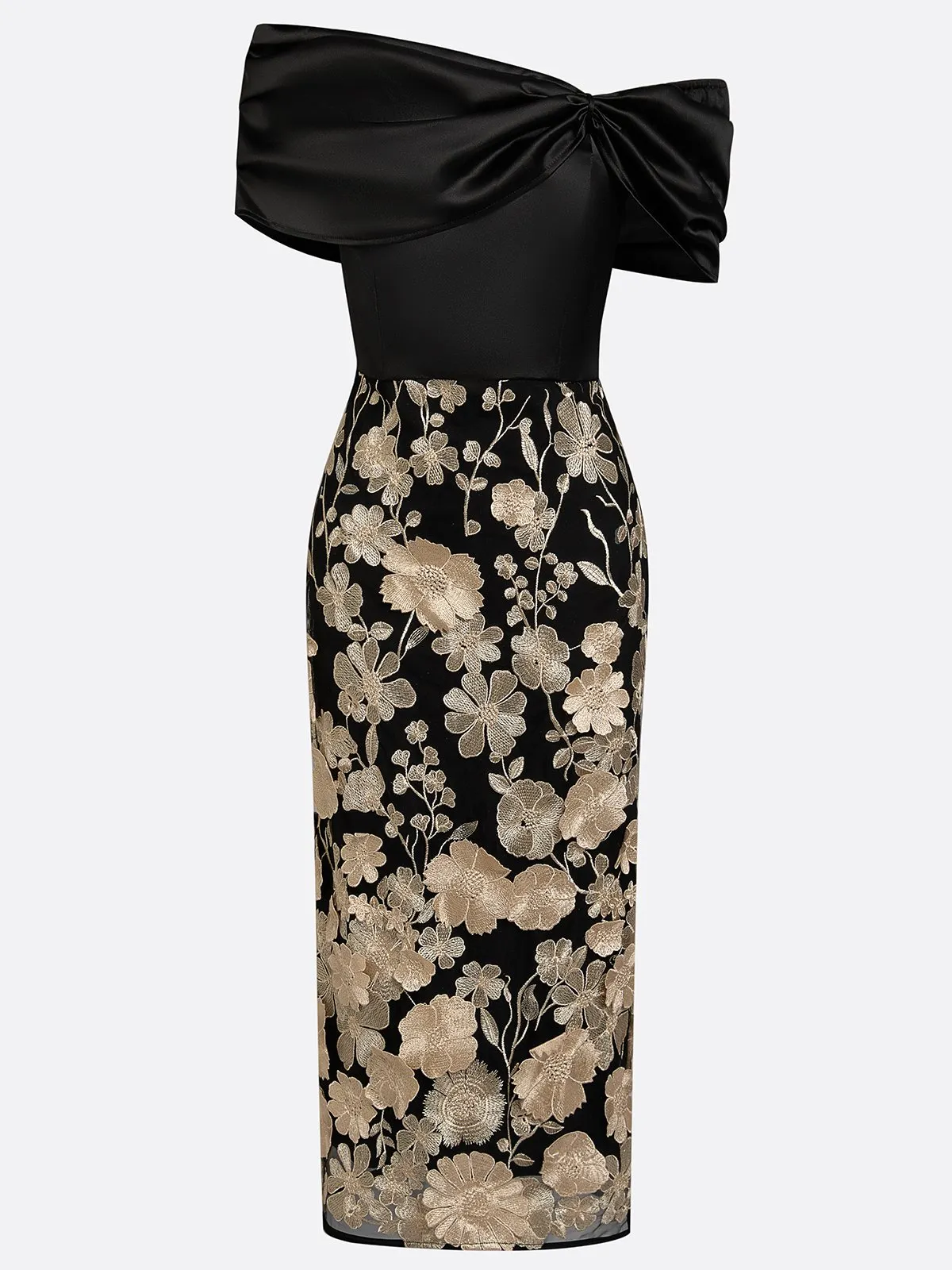 Black Off-the-Shoulder Midi Mother of the Bride Dress with Gold Floral Embroidery