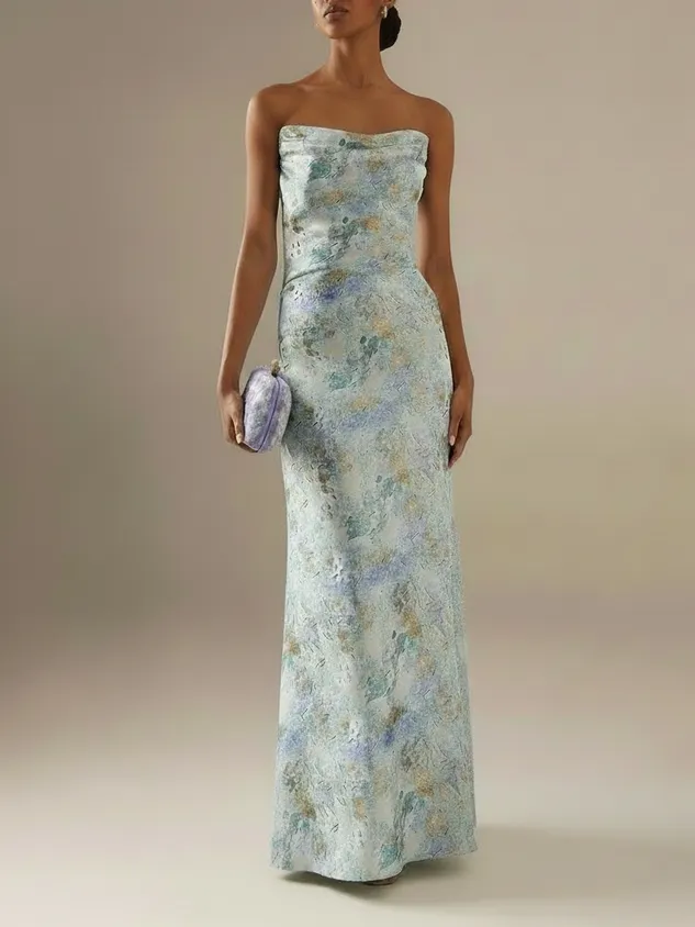 Light Blue Floral Jacquard Satin Strapless Sleeveless Sheath Floor Length Dress