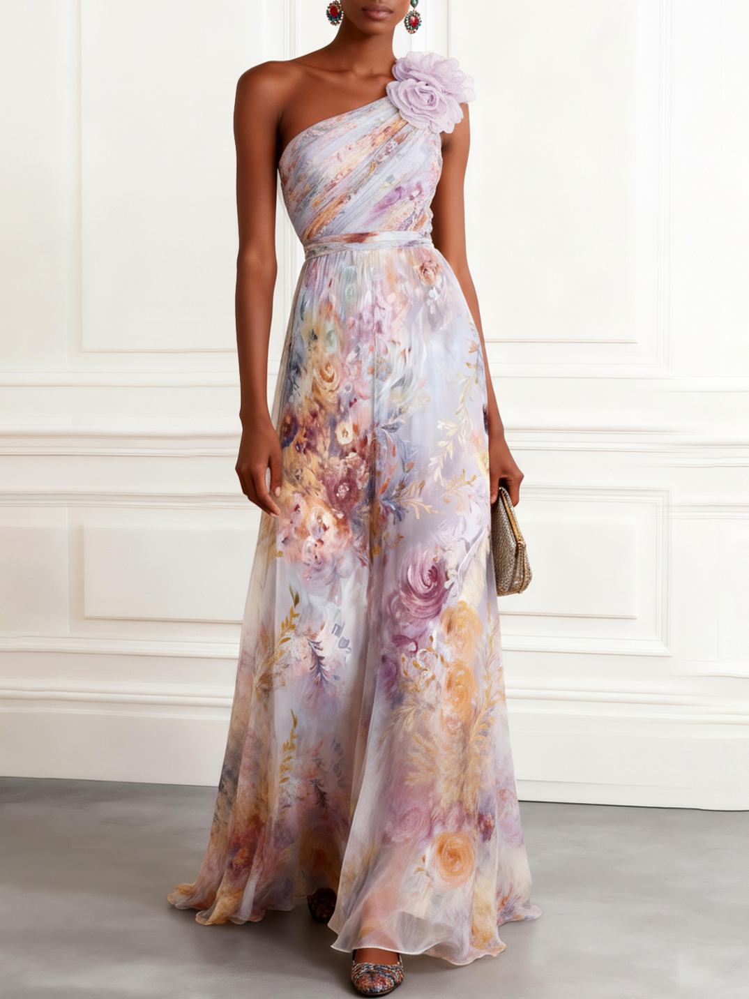 Light Purple 3D Floral Chiffon One Shoulder Sleeveless A-Line Floor-length Gown Dress - Light Purple