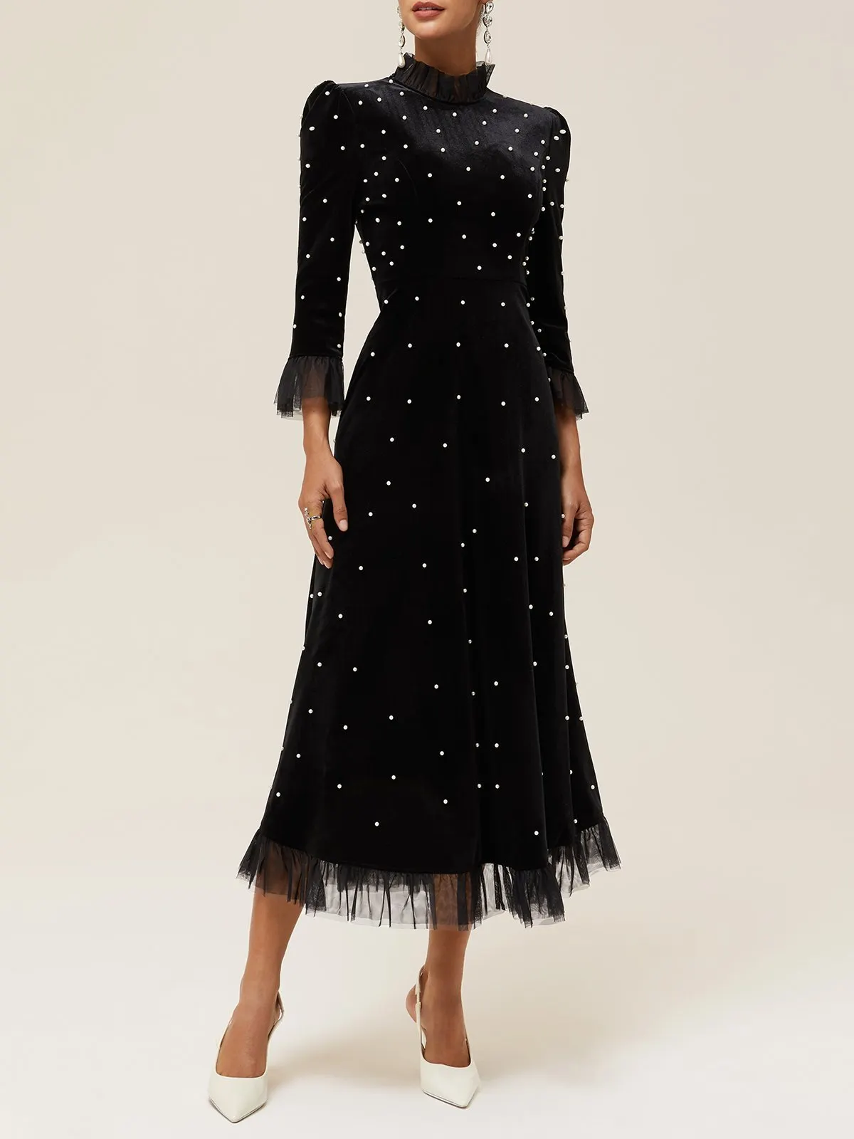 Black Beaded Ruffled Mock Neck Three Quarter Sleeve A-Line Maxi Velvet Dress