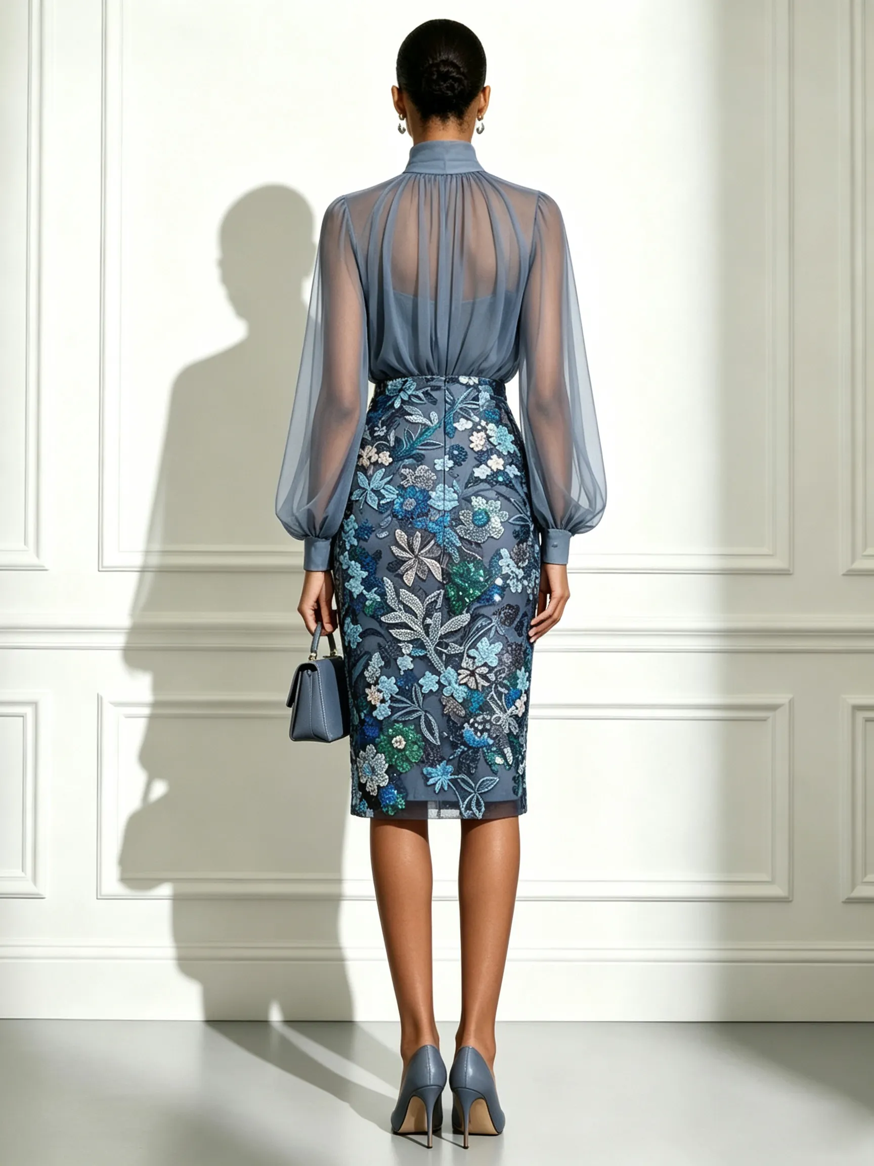 Blue Glitter Sequin Mock Neck Long Sleeve Balloon Sleeve Sheath Midi Dress