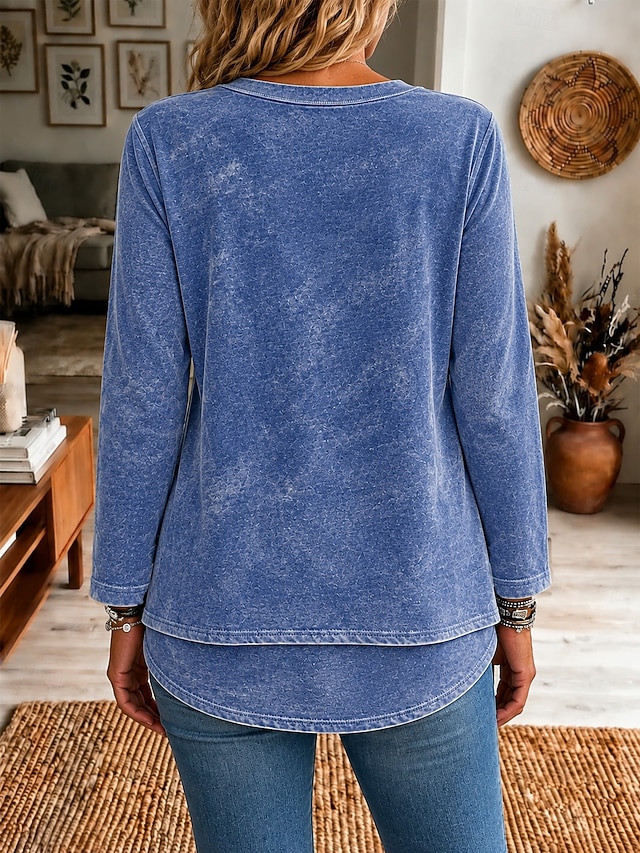 Women's Washed Cotton 100% Cotton Layered Top T Shirt Solid Color Stylish Casual Long Tops Casual Daily Blue Orange Green Summer Spring Fall - Blue