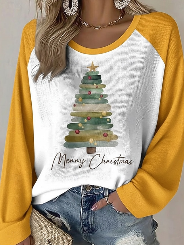 Christmas Women's Christmas Tree T Shirt Graphic Vintage Stylish Classic Long Sleeve Crew Neck Round Neck Regular Tops Daily Weekend Print Black Red Green Spring Fall Winter - Yellow