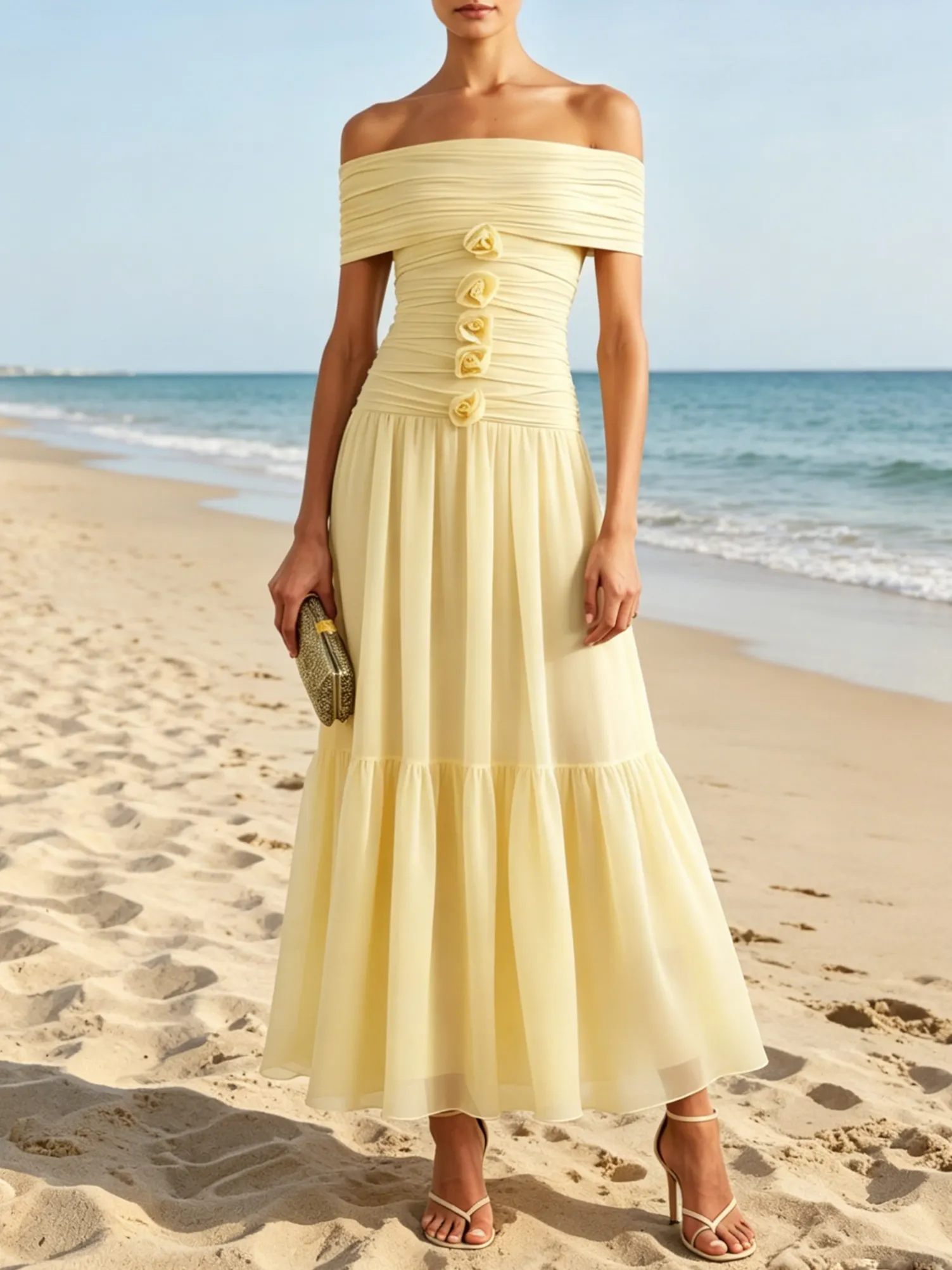 Yellow 3D Floral Chiffon Off The Shoulder Short Sleeve A-Line Maxi Dress - Yellow