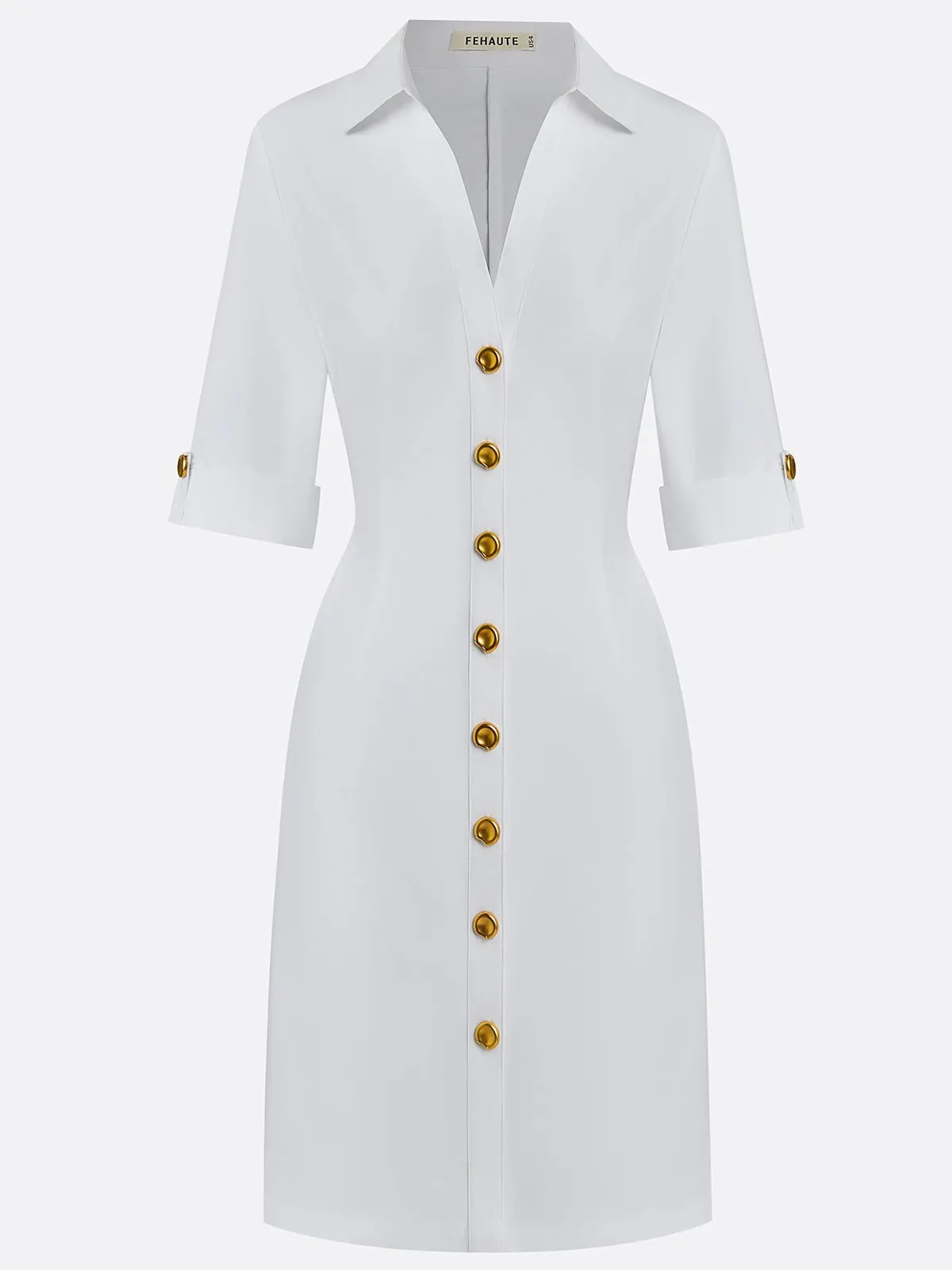 White Buckle Cotton Shirt Collar Short Sleeve Sheath Midi  Dress