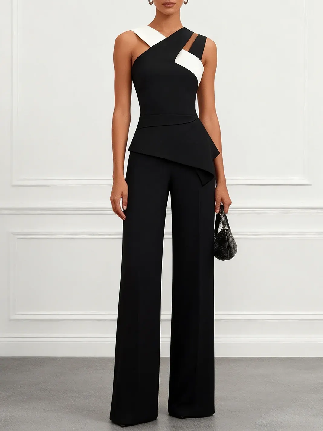 Women Black Cross Pocket Stitching Halter Sleeveless Dressy Jumpsuit - Black
