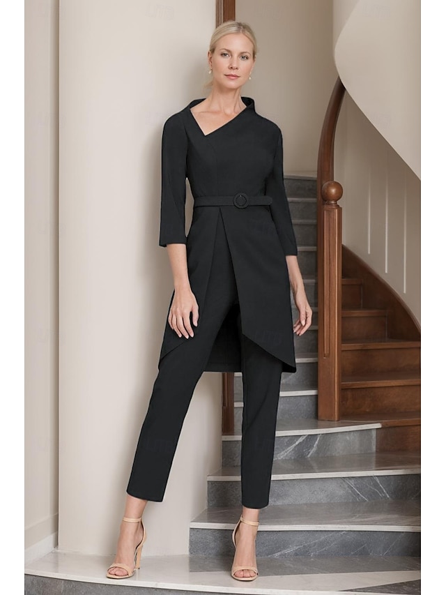 Two Piece Ankle Length Mother of the Bride Dress 3/4 Length Sleeve V Neck Simple Minimalist Casual Formal Wedding Guest Crepe with Sash / Ribbon - Black