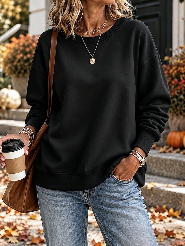 Women's Fleece Pullover Sweatshirt Pullover Cotton Elegant Ethnic Romantic Long Sleeve Crew Neck Round Neck Regular Tops Casual Holiday Blue White Black Yellow Red Spring Fall Winter - Black