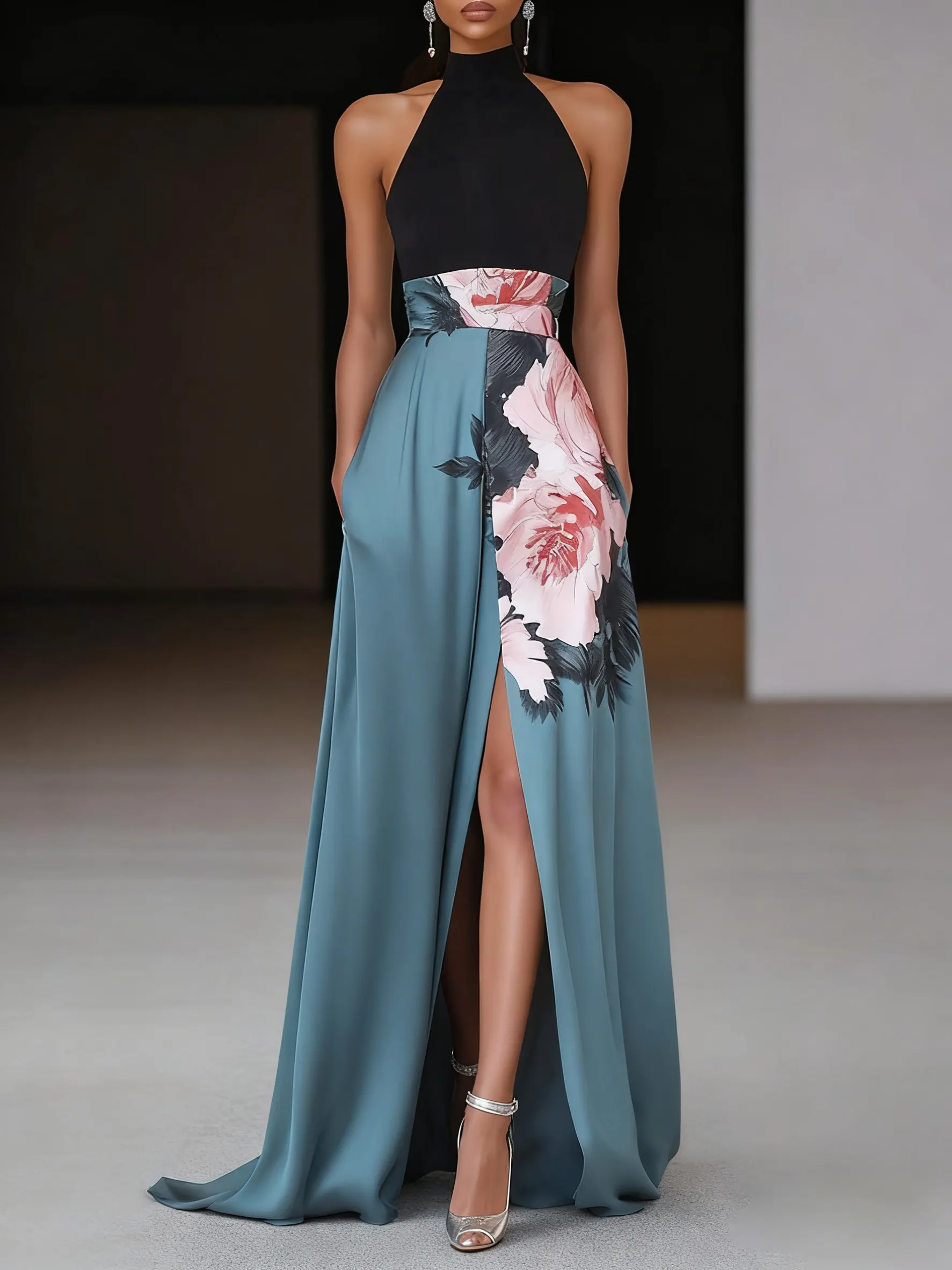 Black Cyan Floral Slit Satin Halter Neck Sleeveless A-Line Floor-length Gown Dress