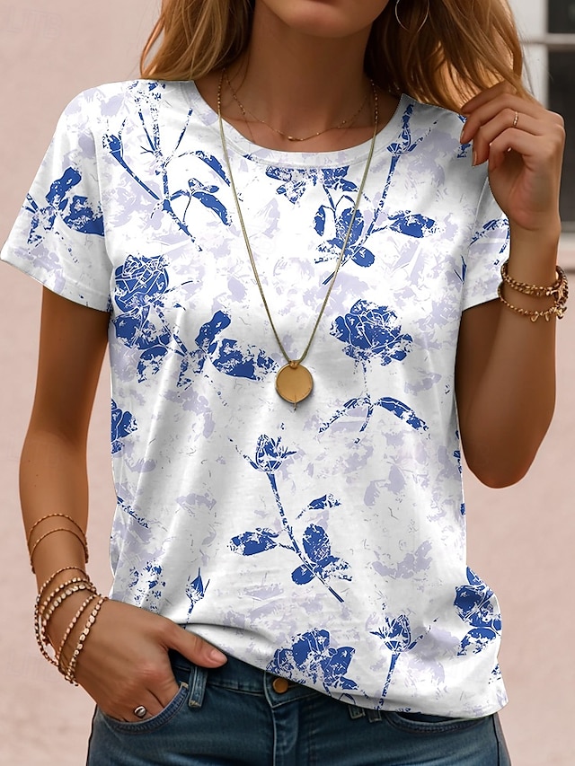 Women's T Shirt Print Floral Casual Short Sleeve Round Neck Regular Tops Daily White Yellow Pink Purple Green Summer - Light Blue