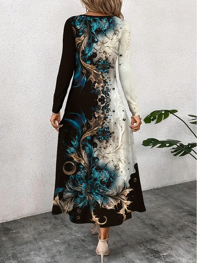 Women's Maxi Dress Boho Sheath Dress T Shirt Dress Tee Dress Vacation Casual Holiday Date Regular Fit Graphic Geometric Tribal Long Sleeve Crew Neck Blue Dark Brown Black Red Spring Fall - Dark Blue