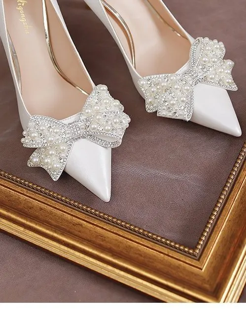 Elegant Spring New Arrival Stiletto Heels With Pointed Toes Rhinestone Pearl Bows (6-8cm) Wedding Shoes