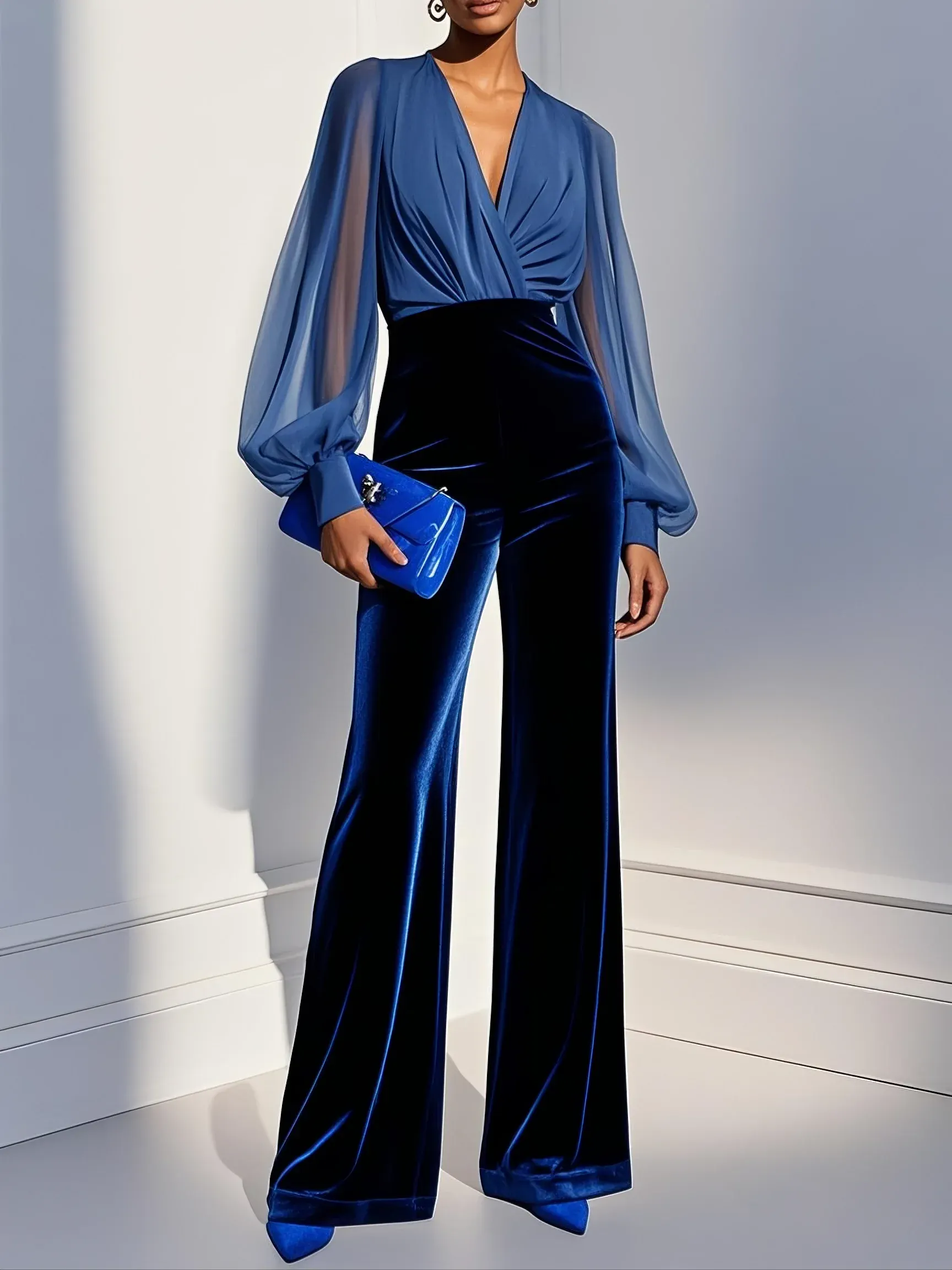 Women  Royal Blue Mesh  V Neck Long Sleeve Velvet Jumpsuit - Royal Blue